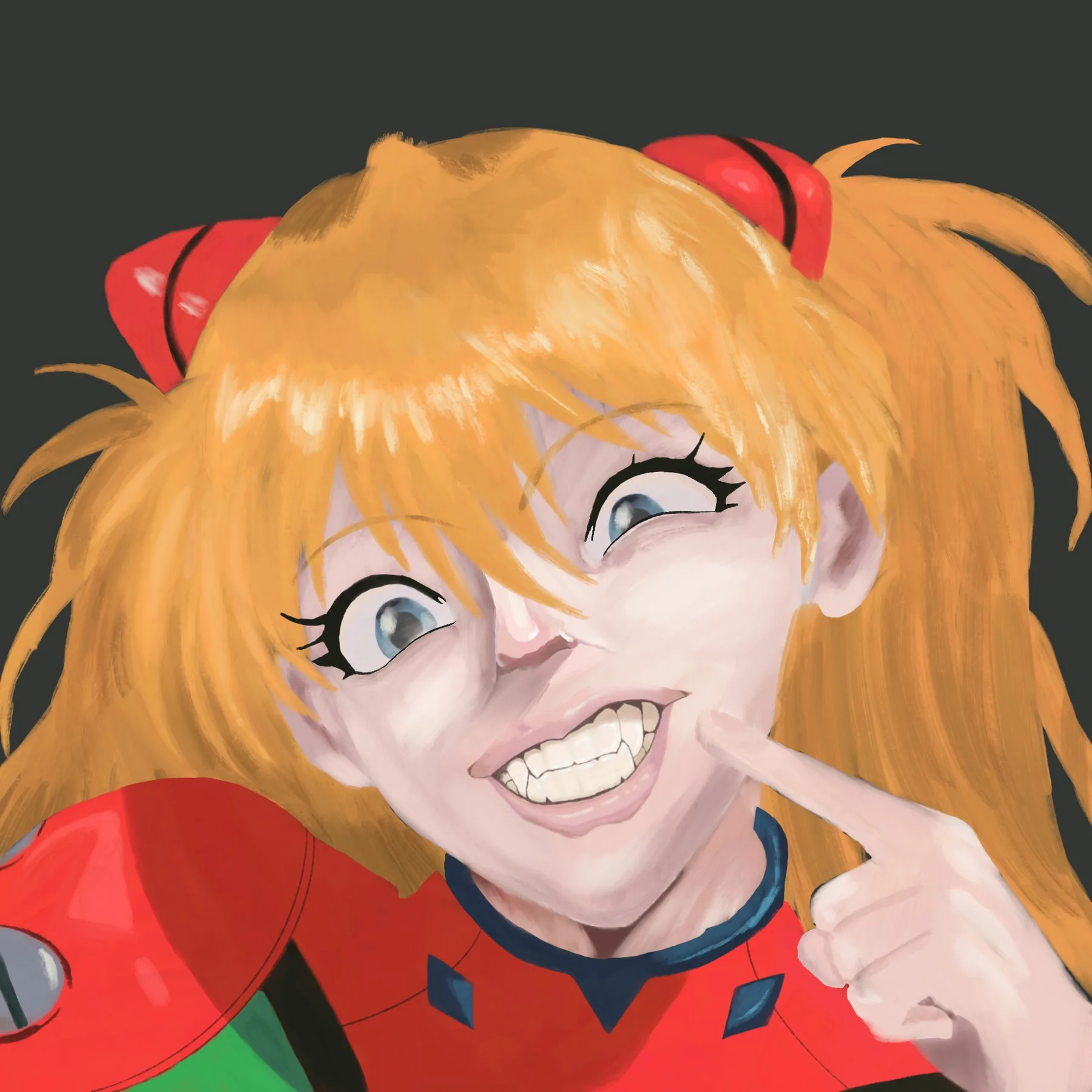 An orange-haired character in a red plugsuit grinning widely and pointing at her own cheek, against a dark gray background.