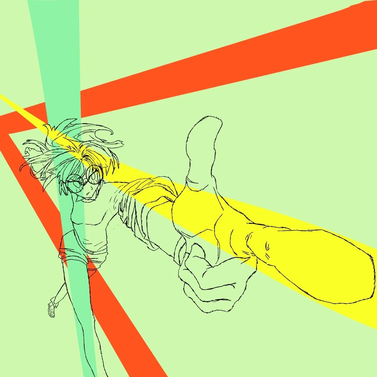 Line drawing of a figure in glasses thrusting one arm toward the viewer in steep foreshortening, cut across by yellow, green and red beams on a pale green ground.