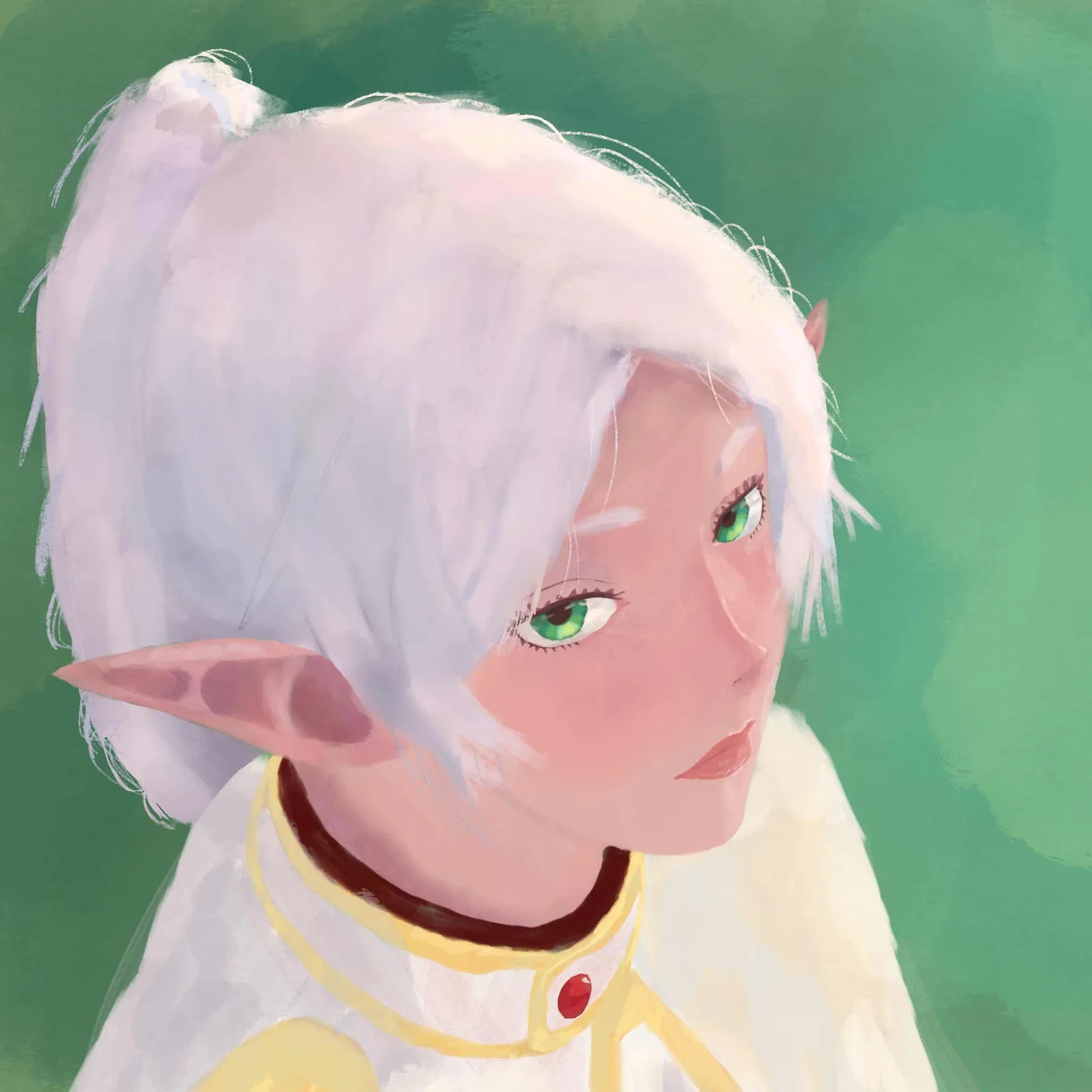 Close-up portrait of Frieren, a white-haired elf with green eyes and a white and gold robe, against a textured green background.