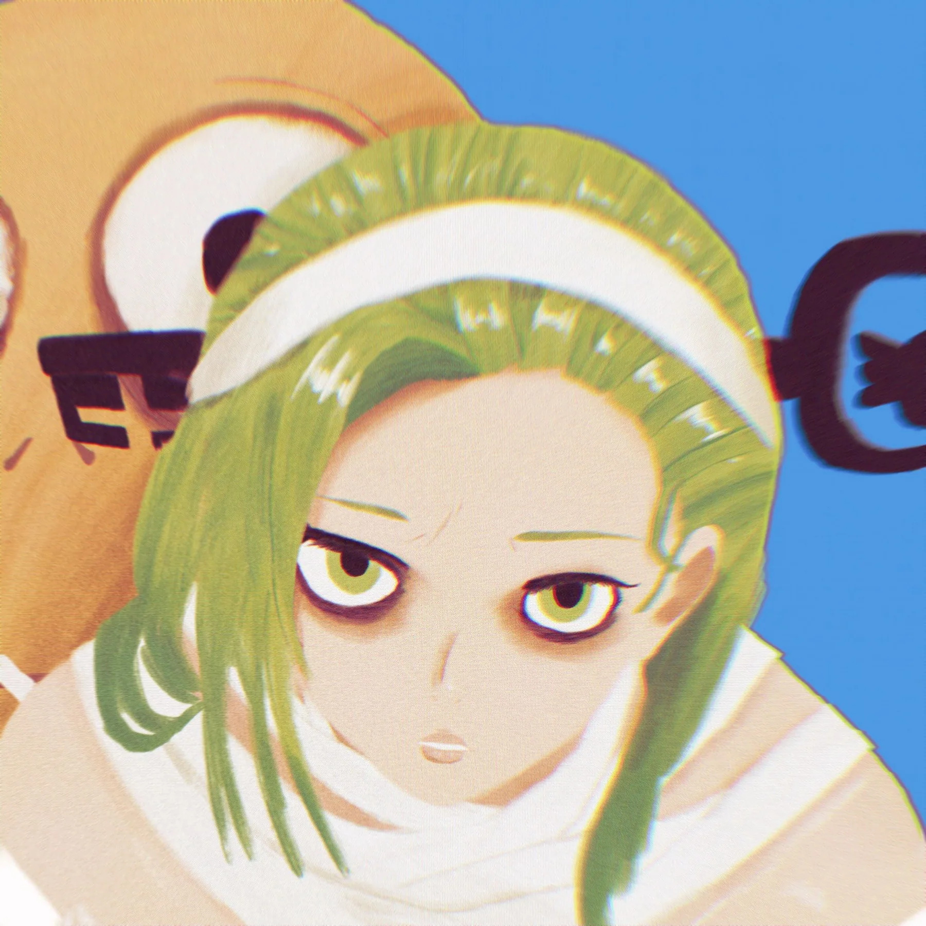 Close crop of a green-haired character in a white headband against a flat blue background, with a hand-lettered sign behind them.