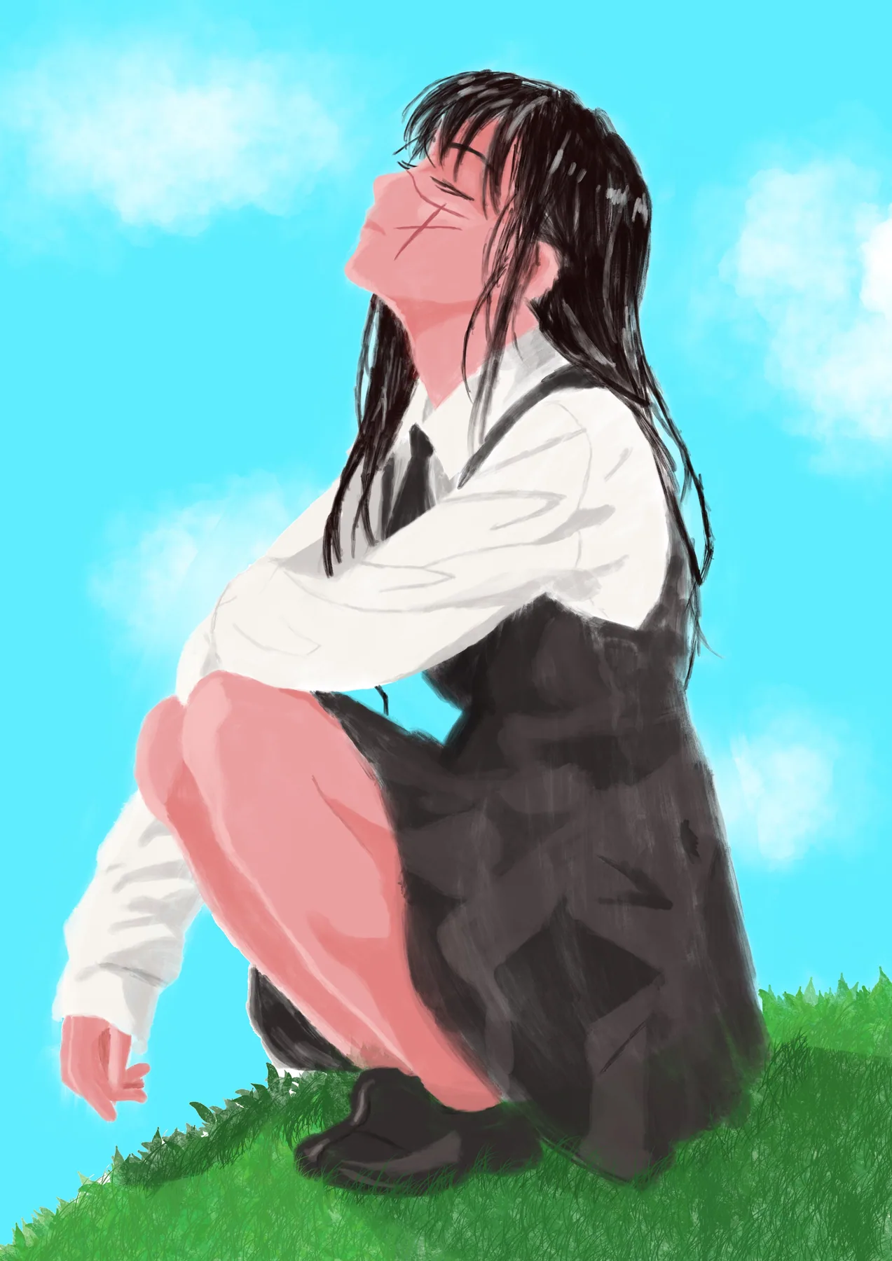 A long-haired figure in a school uniform crouching on grass, head tilted back toward a bright blue sky.