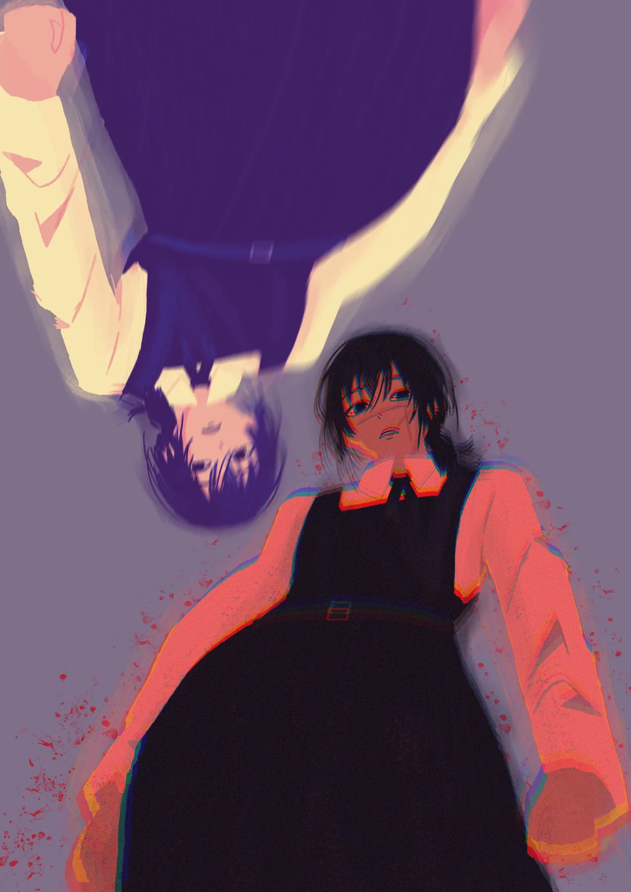 Two figures in school uniforms mirrored against a violet background, one inverted above the other, with chromatic fringing and red spatter.
