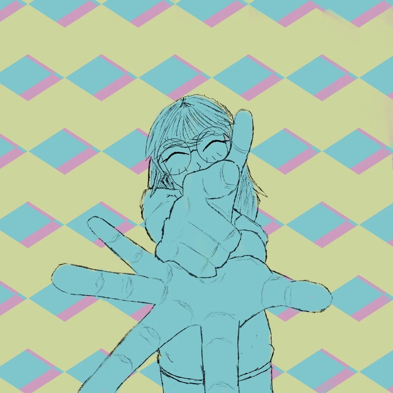 Cyan line drawing of a smiling figure in glasses pushing both hands toward the viewer in forced perspective, against a yellow, blue and pink diamond pattern.