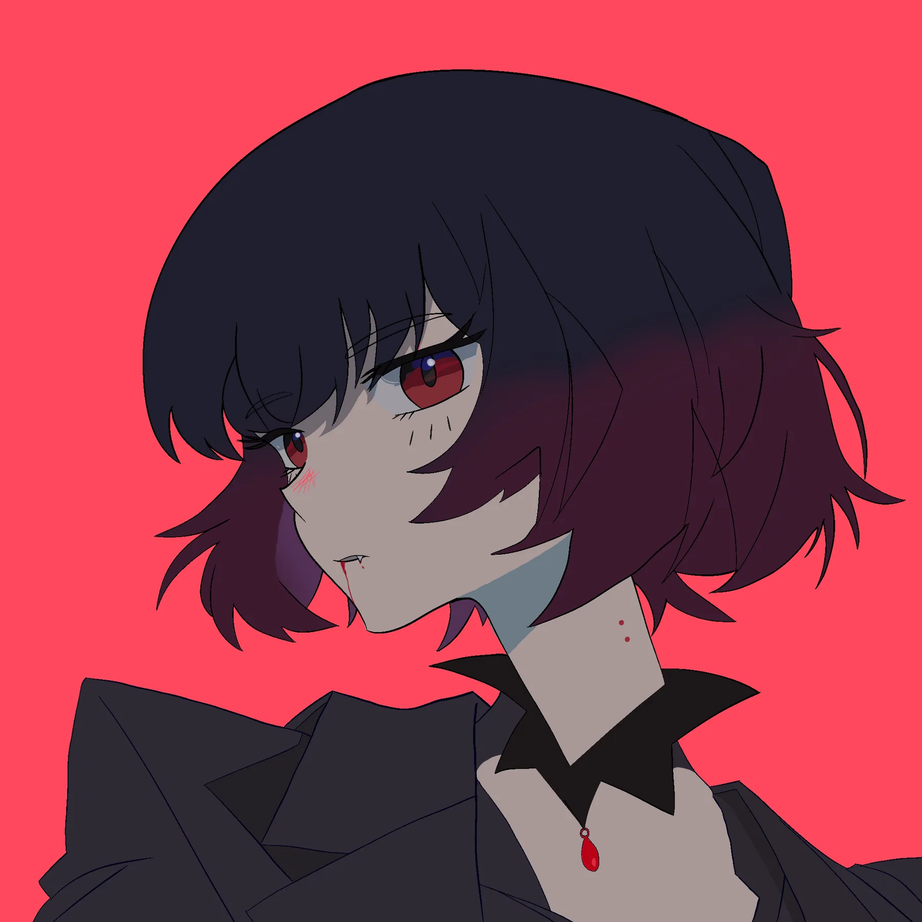 Portrait of a red-eyed vampire with short dark hair, small fangs, a black outfit, and a red pendant against a bright red background.