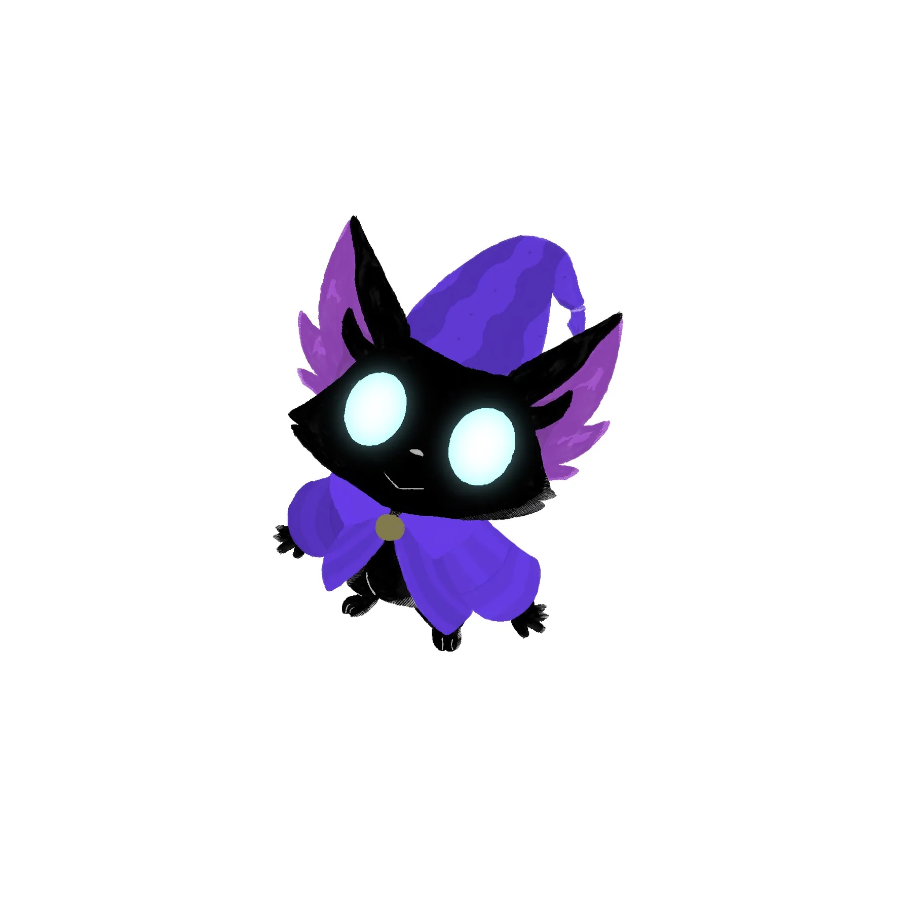 A small black cat with glowing pale blue eyes, wearing a purple wizard hat and cloak, with large purple ears.