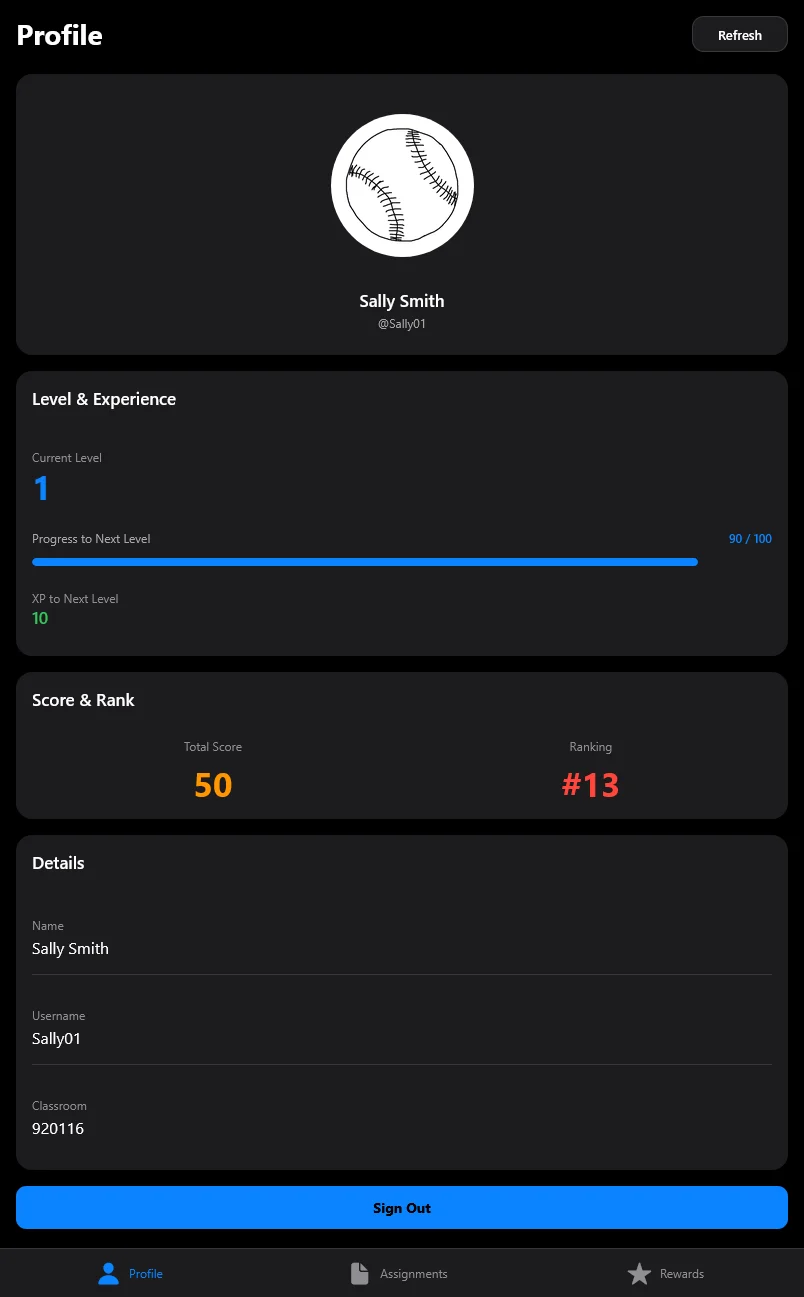 The student profile screen: a baseball avatar over the name Sally Smith, a level card showing level 1 with a progress bar at 90 of 100 XP, a score of 50 and a class ranking of 13, above tabs for Profile, Assignments and Rewards.